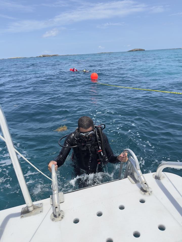 A diver climbing the dive ladder back onto the boat