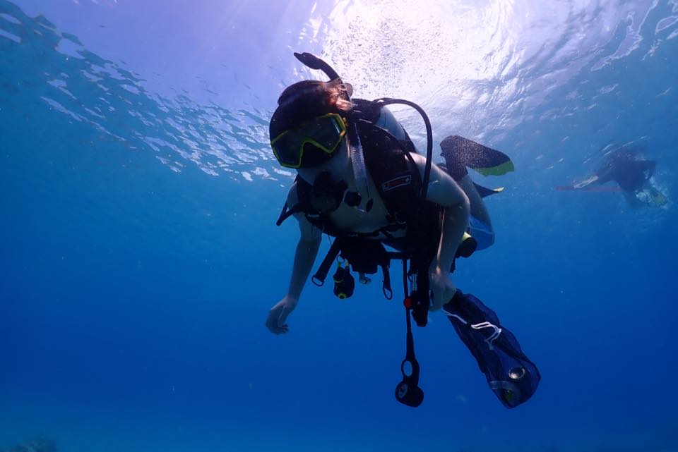 A diver hovering in clear blue water