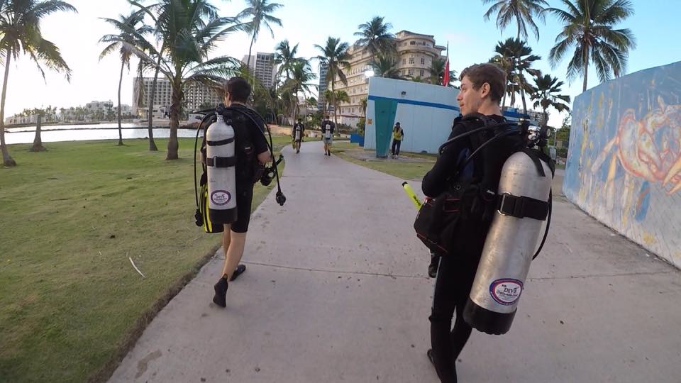 Divers in full gear walking to a shore entry
